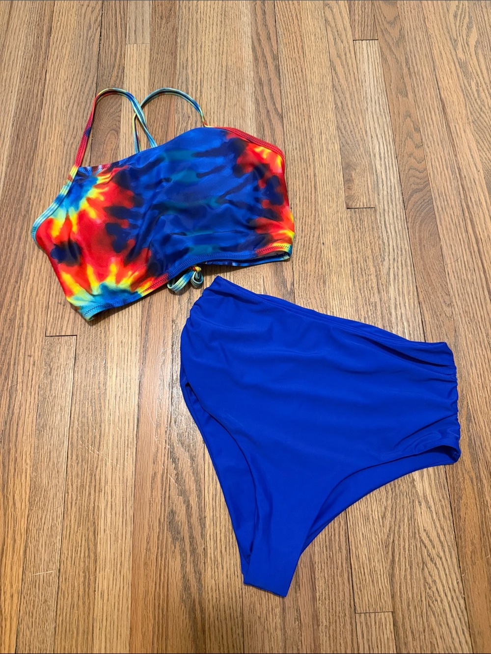 Zaful Multicolor Tie-Dye Bikini Top with Blue High-Waist Bottom